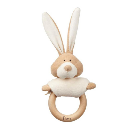 Wooly Organic - Sonaglio Bunny con anello per dentizione in legno - Cotone organico BIO