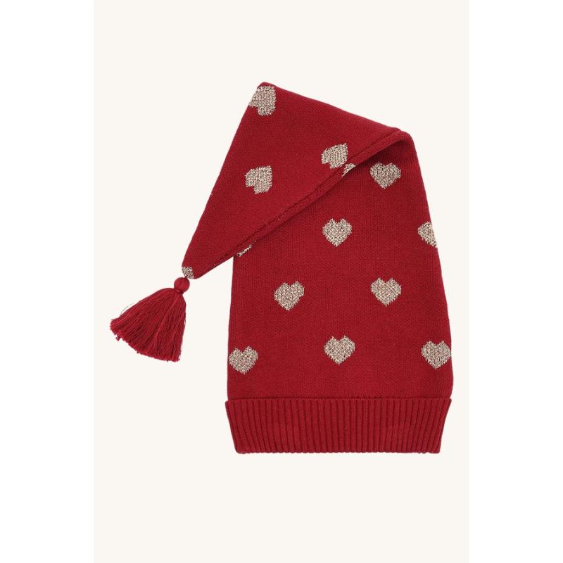 Cappello lungo natalizio Hust&Claire rosso con cuori oro e nappina