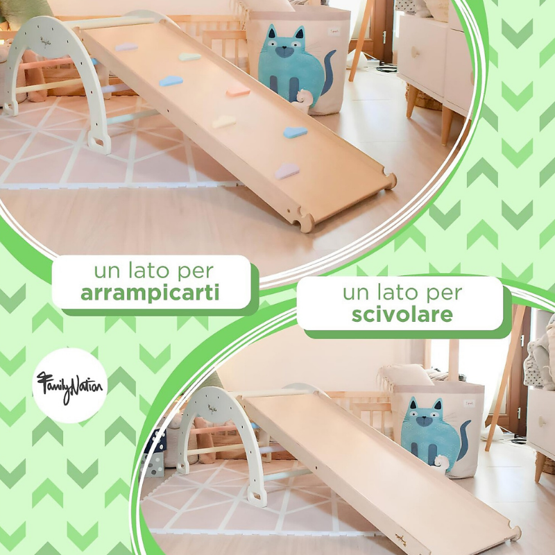 Family Nation - Scivolo/Rampa Montessori per Arco Rainbow e Plicker 2-in-1 per Equilibrio e Agilità - Legno