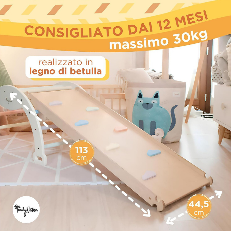 Family Nation - Scivolo/Rampa Montessori per Arco Rainbow e Plicker 2-in-1 per Equilibrio e Agilità - Legno