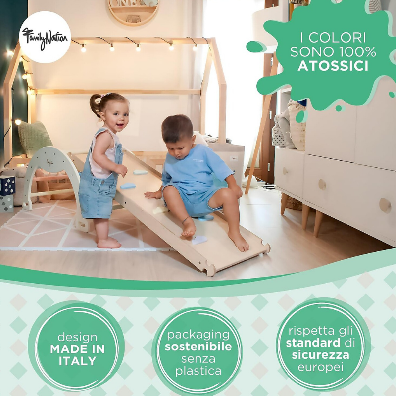Family Nation - Scivolo/Rampa Montessori per Arco Rainbow e Plicker 2-in-1 per Equilibrio e Agilità - Legno