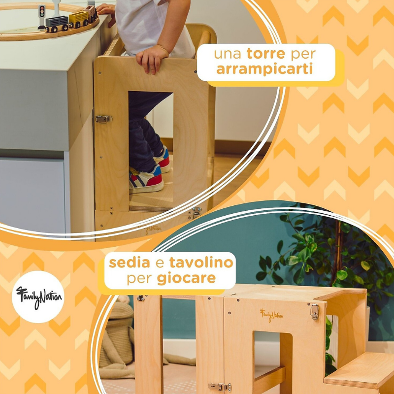 Family Nation - Torre Montessori 2 in 1 convertibile in Tavolo e Sedia - Legno Naturale