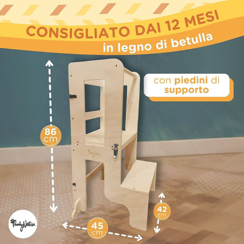 Family Nation - Torre Montessori 2 in 1 convertibile in Tavolo e Sedia - Legno Naturale
