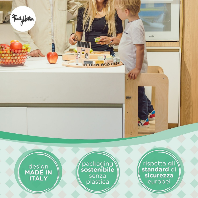 Family Nation - Torre Montessori 2 in 1 convertibile in Tavolo e Sedia - Legno Naturale