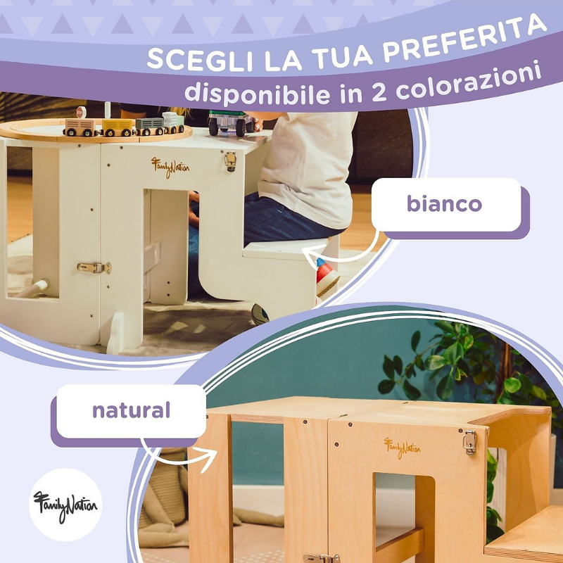 Family Nation - Torre Montessori 2 in 1 convertibile in Tavolo e Sedia - Legno Naturale