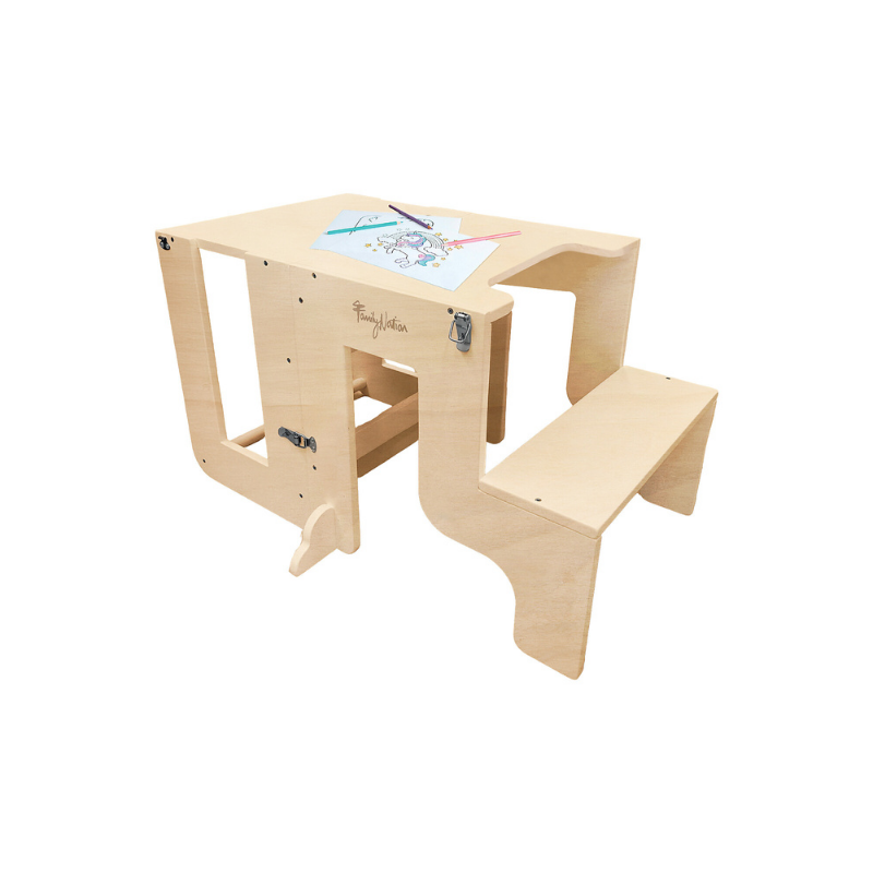 Family Nation - Torre Montessori 2 in 1 convertibile in Tavolo e Sedia - Legno Naturale
