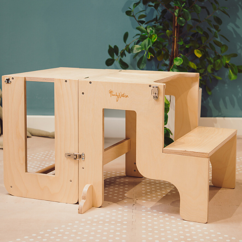 Family Nation - Torre Montessori 2 in 1 convertibile in Tavolo e Sedia - Legno Naturale