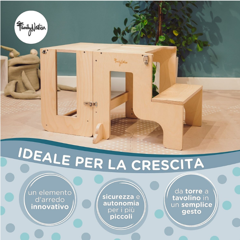 Family Nation - Torre Montessori 2 in 1 convertibile in Tavolo e Sedia - Legno Naturale