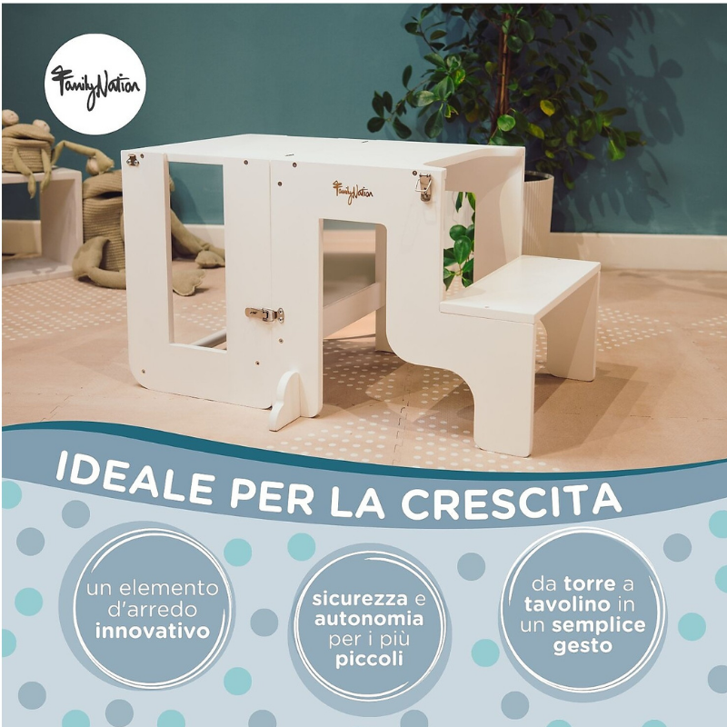 Family Nation - Torre Montessori 2 in 1 convertibile in Tavolo e Sedia - Bianco