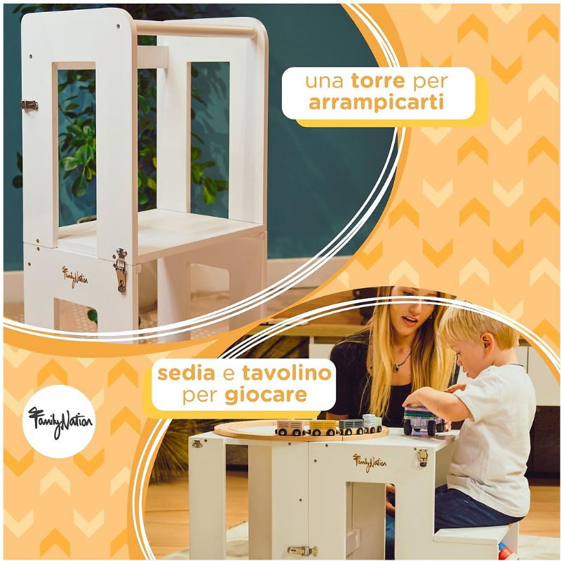 Family Nation - Torre Montessori 2 in 1 convertibile in Tavolo e Sedia - Bianco