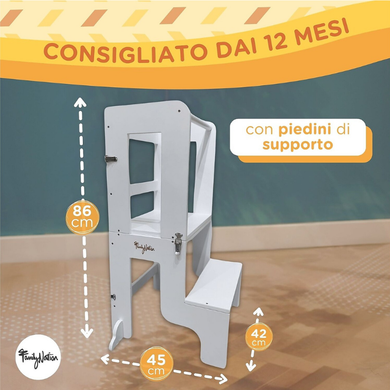 Family Nation - Torre Montessori 2 in 1 convertibile in Tavolo e Sedia - Bianco