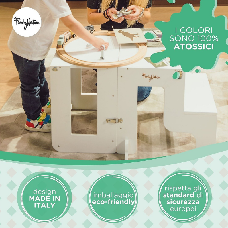 Family Nation - Torre Montessori 2 in 1 convertibile in Tavolo e Sedia - Bianco