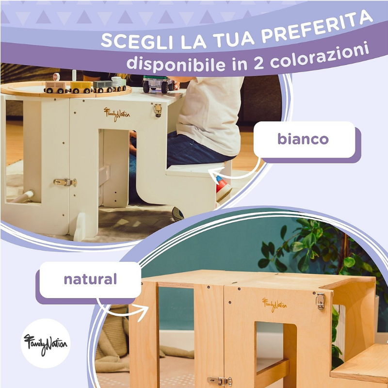 Family Nation - Torre Montessori 2 in 1 convertibile in Tavolo e Sedia - Bianco