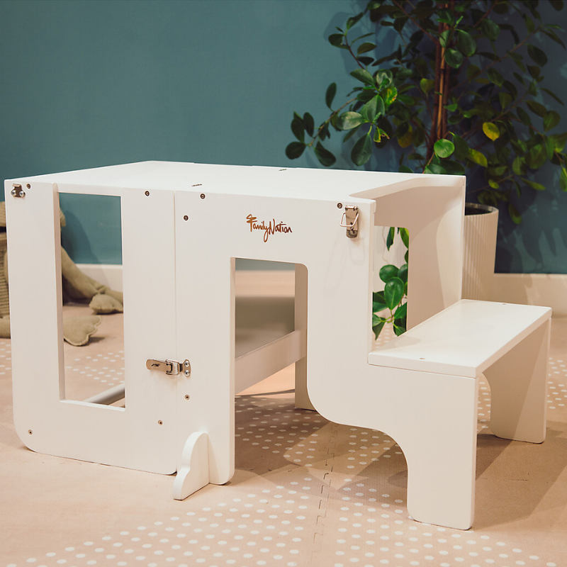 Family Nation - Torre Montessori 2 in 1 convertibile in Tavolo e Sedia - Bianco