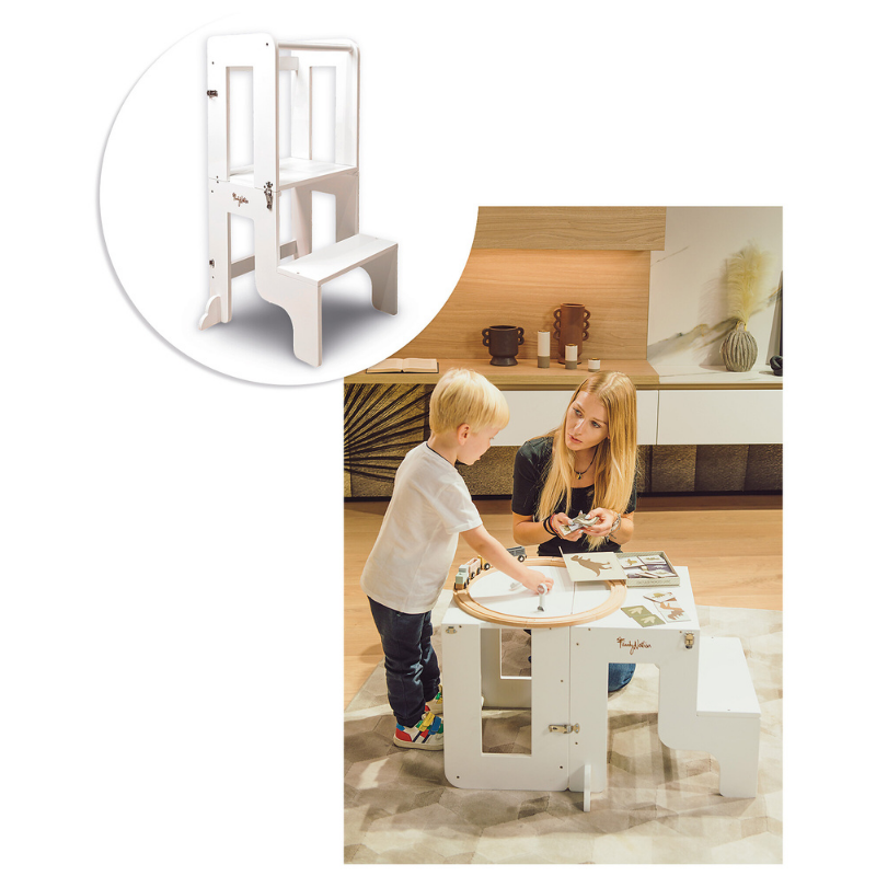 Family Nation - Torre Montessori 2 in 1 convertibile in Tavolo e Sedia - Bianco