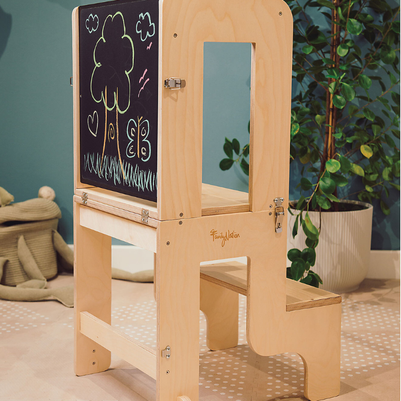 Family Nation - Torre Montessori 2 in 1 convertibile in Tavolo e Sedia - Legno Naturale