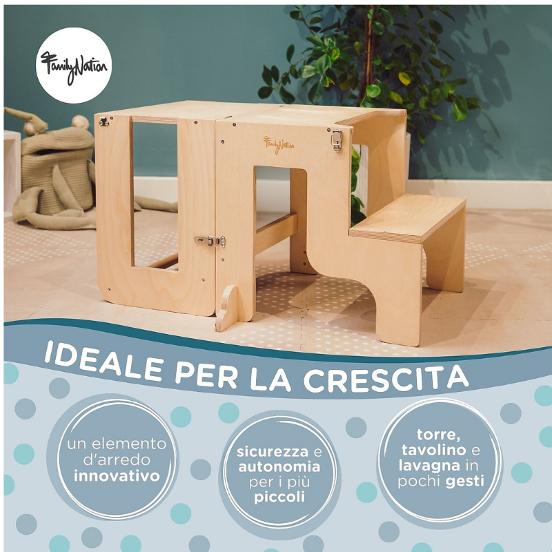 Family Nation - Torre Montessori 2 in 1 convertibile in Tavolo e Sedia - Legno Naturale