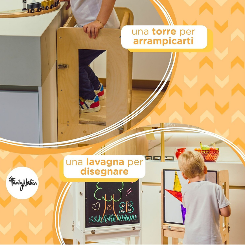 Family Nation - Torre Montessori 2 in 1 convertibile in Tavolo e Sedia - Legno Naturale