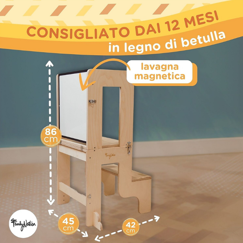 Family Nation - Torre Montessori 2 in 1 convertibile in Tavolo e Sedia - Legno Naturale