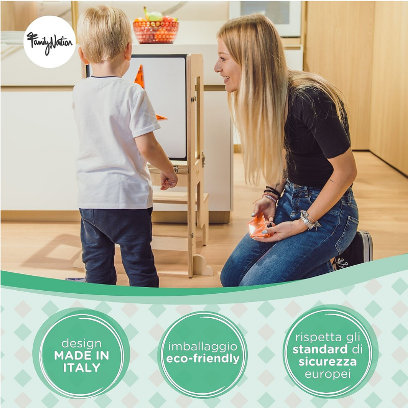 Family Nation - Torre Montessori 2 in 1 convertibile in Tavolo e Sedia - Legno Naturale