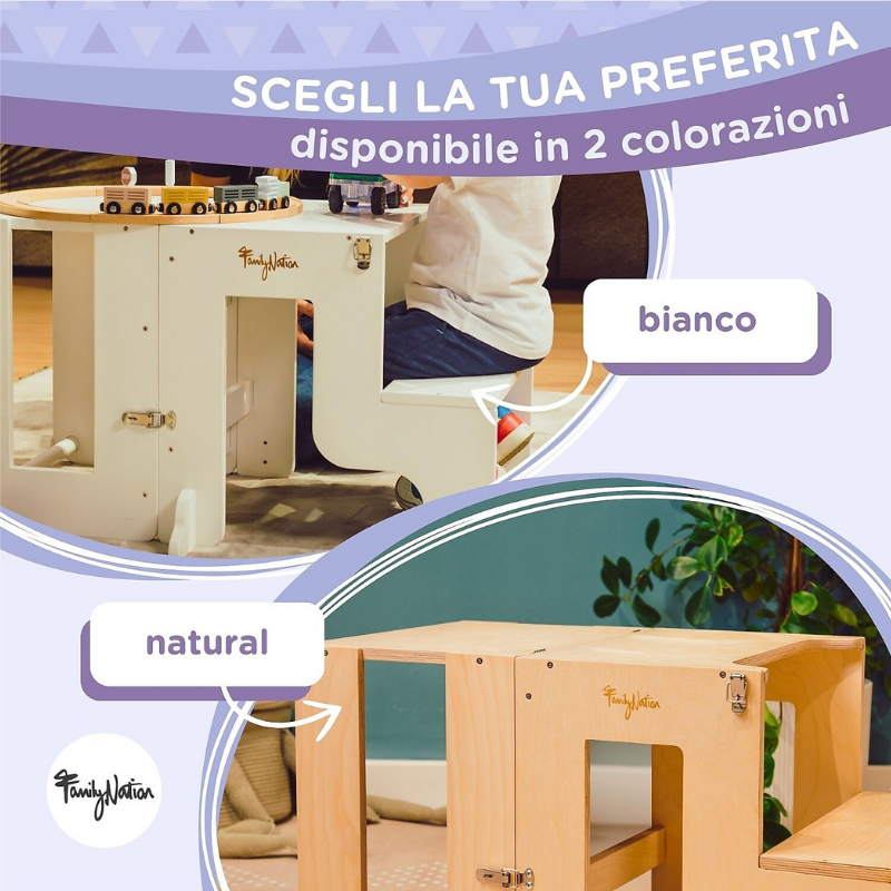 Family Nation - Torre Montessori 2 in 1 convertibile in Tavolo e Sedia - Legno Naturale