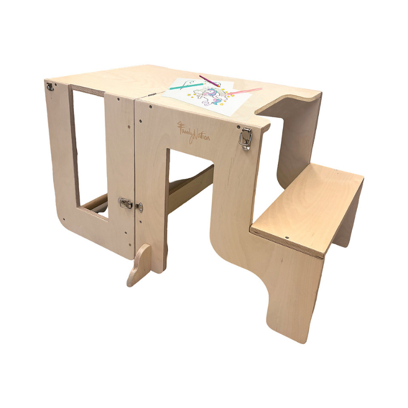 Family Nation - Torre Montessori 2 in 1 convertibile in Tavolo e Sedia - Legno Naturale