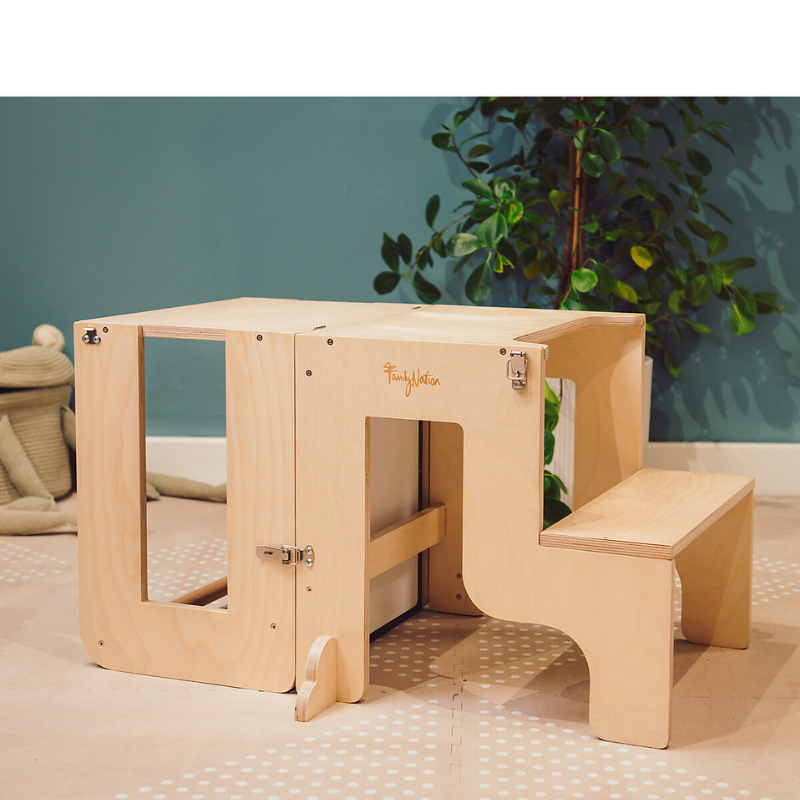 Family Nation - Torre Montessori 2 in 1 convertibile in Tavolo e Sedia - Legno Naturale
