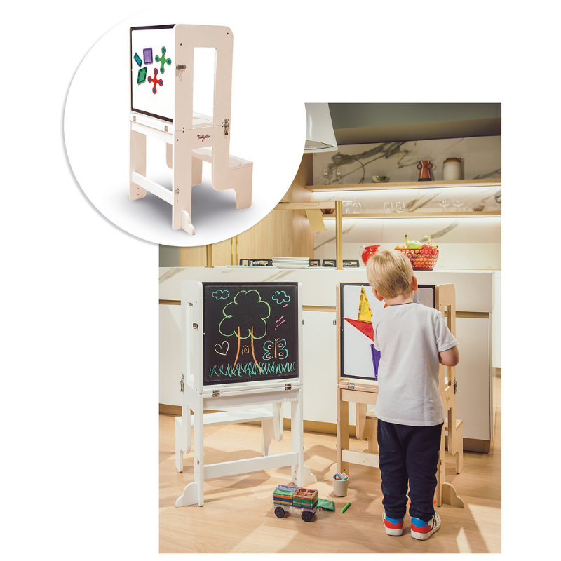 Family Nation - Torre Montessori 3 in 1 con Lavagna magnetica e convertibile in Tavolo e Sedia - Bianco
