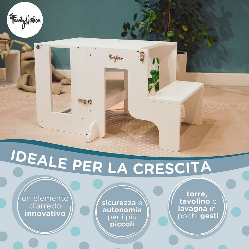 Family Nation - Torre Montessori 3 in 1 con Lavagna magnetica e convertibile in Tavolo e Sedia - Bianco