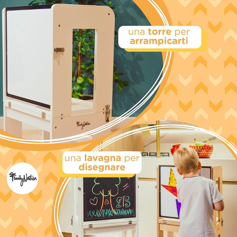 Family Nation - Torre Montessori 3 in 1 con Lavagna magnetica e convertibile in Tavolo e Sedia - Bianco