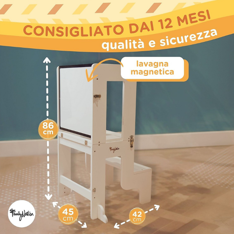 Family Nation - Torre Montessori 3 in 1 con Lavagna magnetica e convertibile in Tavolo e Sedia - Bianco