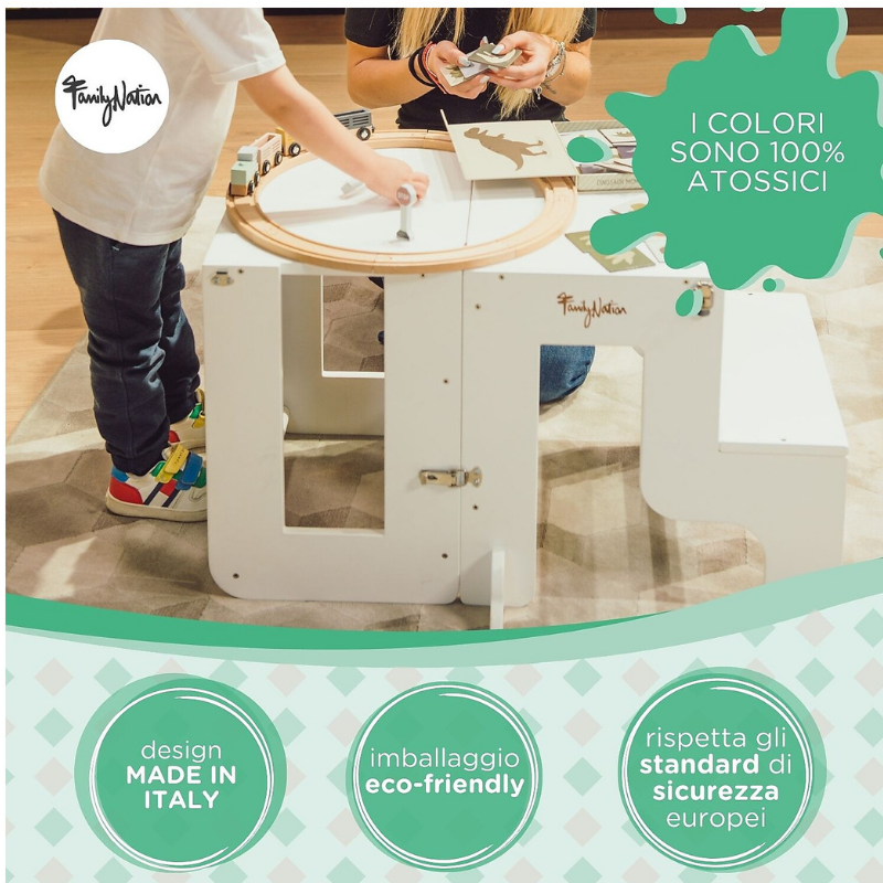 Family Nation - Torre Montessori 3 in 1 con Lavagna magnetica e convertibile in Tavolo e Sedia - Bianco