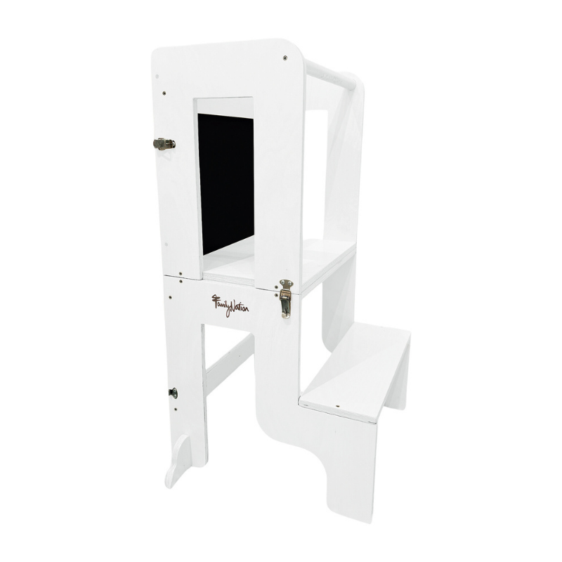Family Nation - Torre Montessori 3 in 1 con Lavagna magnetica e convertibile in Tavolo e Sedia - Bianco