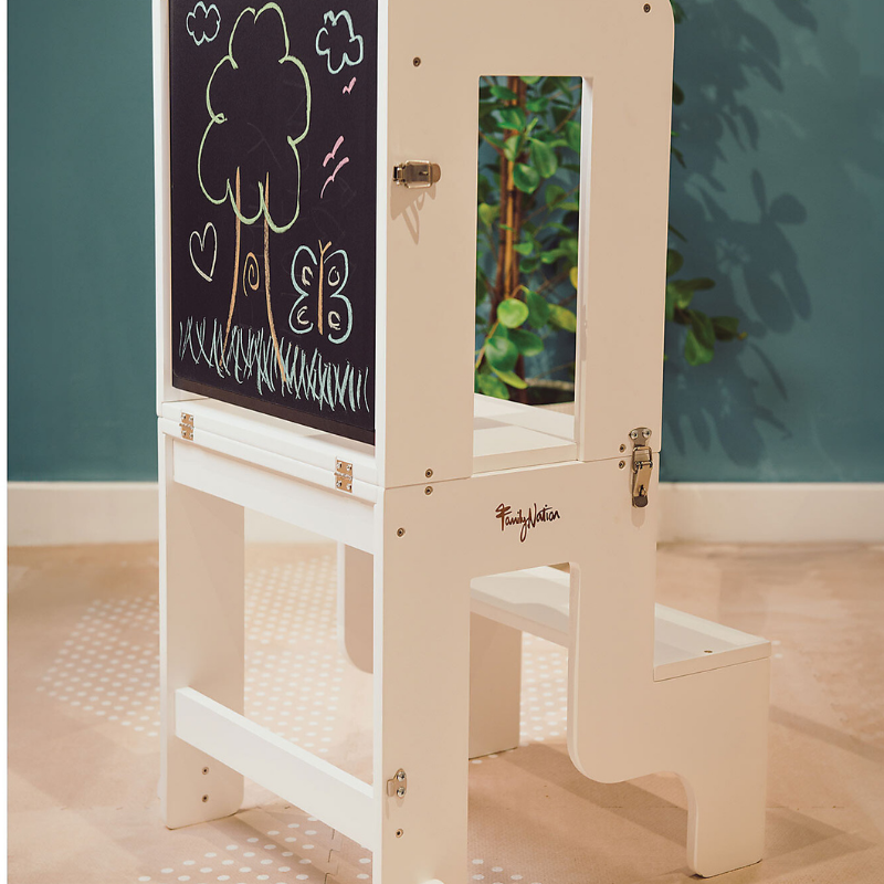 Family Nation - Torre Montessori 3 in 1 con Lavagna magnetica e convertibile in Tavolo e Sedia - Bianco
