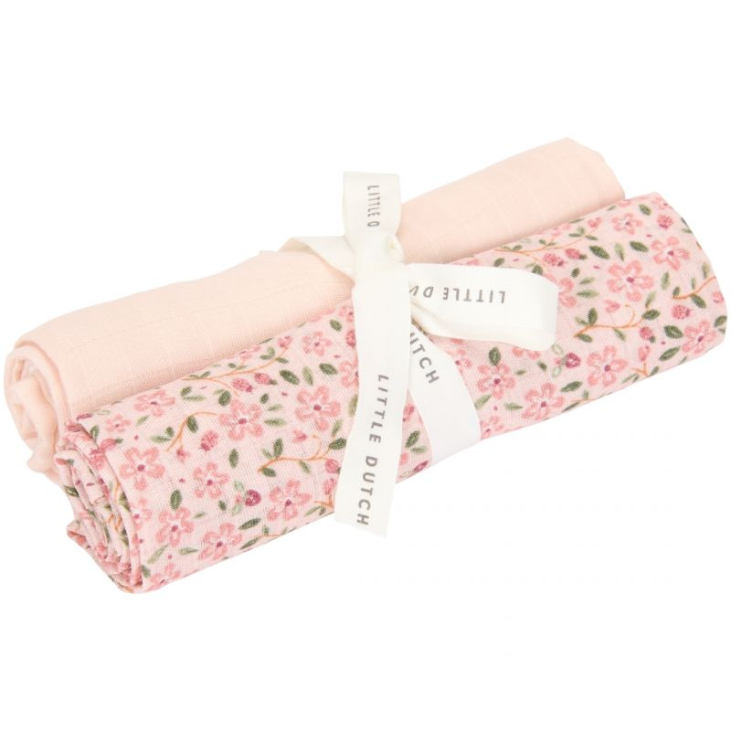 Little Dutch - 2-pack Mussola 70x70 cm - 100% Cotone Organico - Organico - rosa floreale/rosa - Fairy Garden