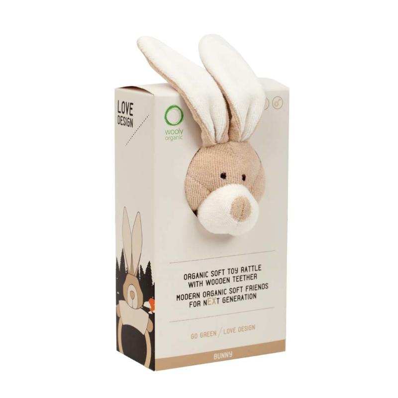 Wooly Organic - Sonaglio Bunny con anello per dentizione in legno - Cotone organico BIO