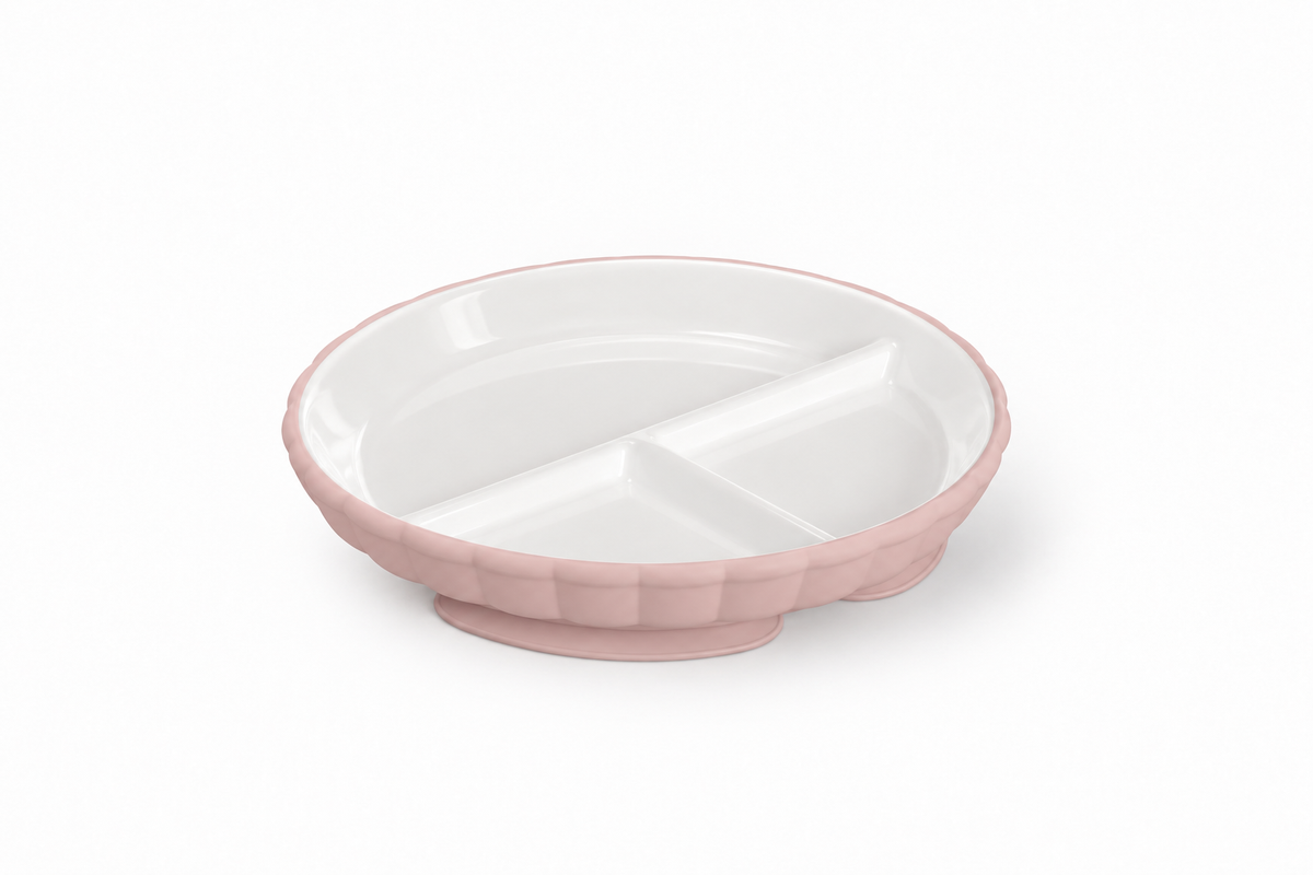 Piatto in ceramica a scomparti con base in silicone a ventosa Soina rosa