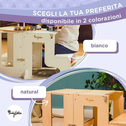 Family Nation - Torre Montessori 2 in 1 convertibile in Tavolo e Sedia - Legno Naturale