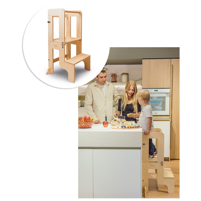 Family Nation - Torre Montessori 2 in 1 convertibile in Tavolo e Sedia - Legno Naturale