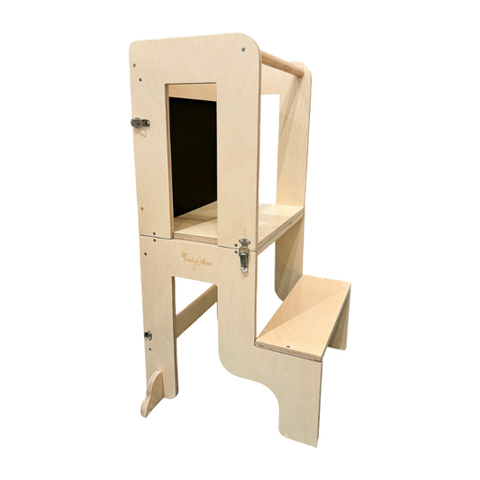 Family Nation - Torre Montessori 3 in 1 con Lavagna magnetica e convertibile in Tavolo e Sedia - Legno Naturale
