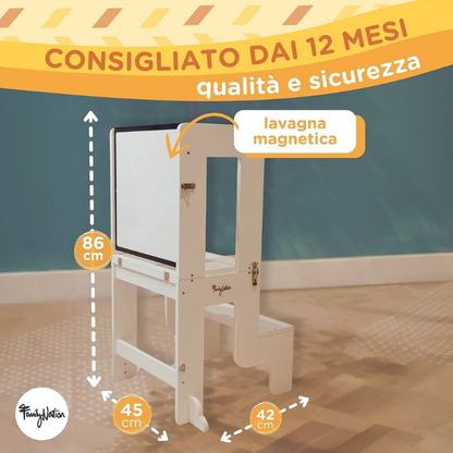 Family Nation - Torre Montessori 3 in 1 con Lavagna magnetica e convertibile in Tavolo e Sedia - Bianco