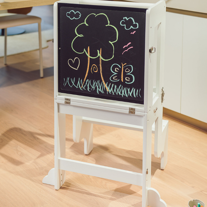 Family Nation - Torre Montessori 3 in 1 con Lavagna magnetica e convertibile in Tavolo e Sedia - Bianco
