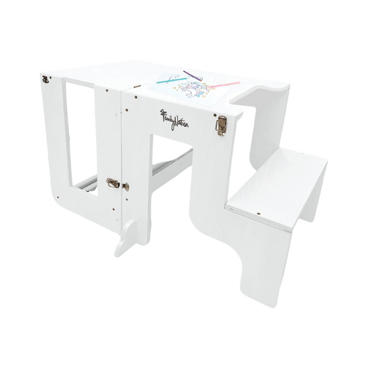 Family Nation - Torre Montessori 3 in 1 con Lavagna magnetica e convertibile in Tavolo e Sedia - Bianco