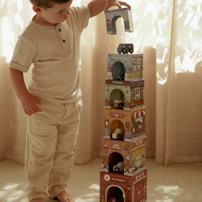 Little Dutch - Torre di cubi impilabili e 6 auto - Essentials