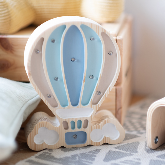 Lampada Mongolfiera azzurra in legno - Luce notturna artigianale