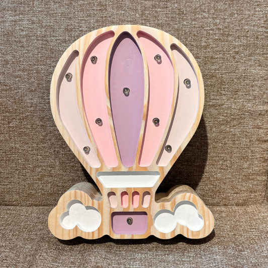 Lampada Mongolfiera rosa in legno - Luce notturna artigianale