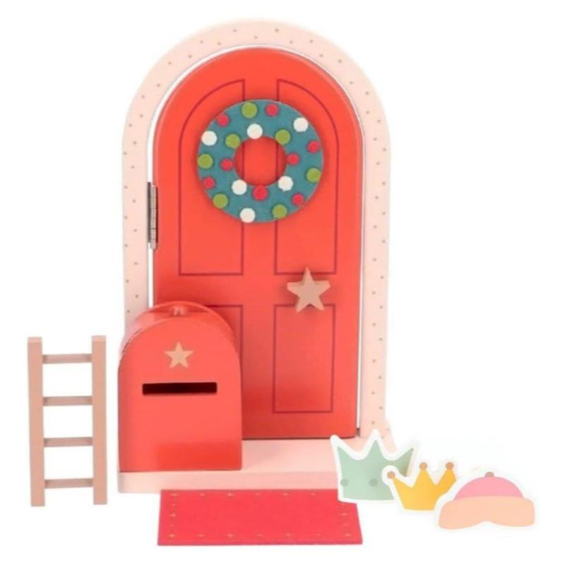 Porta dell'elfo di Babbo natale con oggetti decorativi Scala posta delle lettere ghirlanda tappeto 