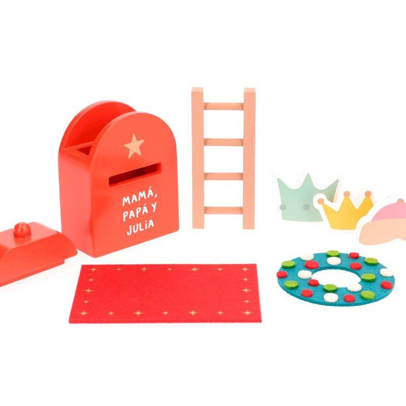 accessori elfo post office con tappeto ghirlanda scaletta e buchetta delle lettere, coroncina e cappellino