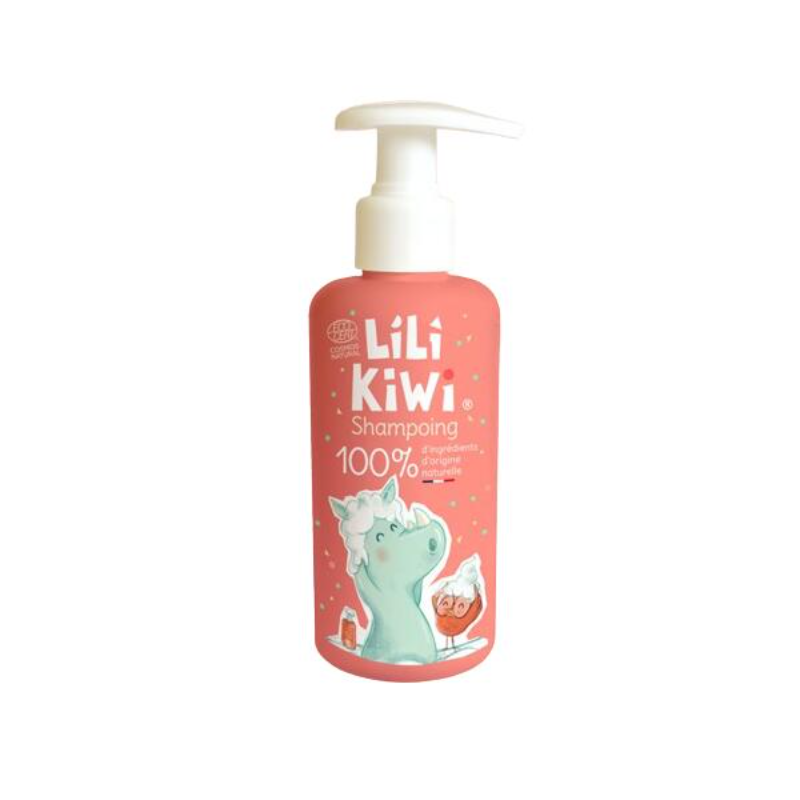 Shampoo di colore arancione con rinoceronte sulla confezione e tappo bianco sfondo bianco