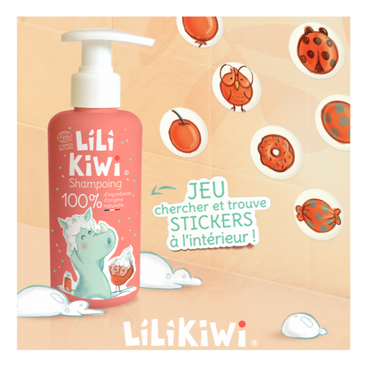 Shampoo di colore arancione con rinoceronte sulla confezione e tappo bianco